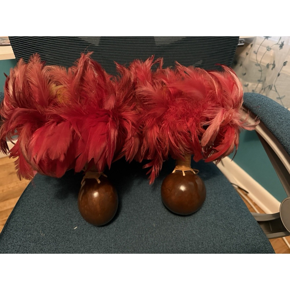 Hawaiian Red and Yellow feathered Rattles Maracas ( vintage)‎